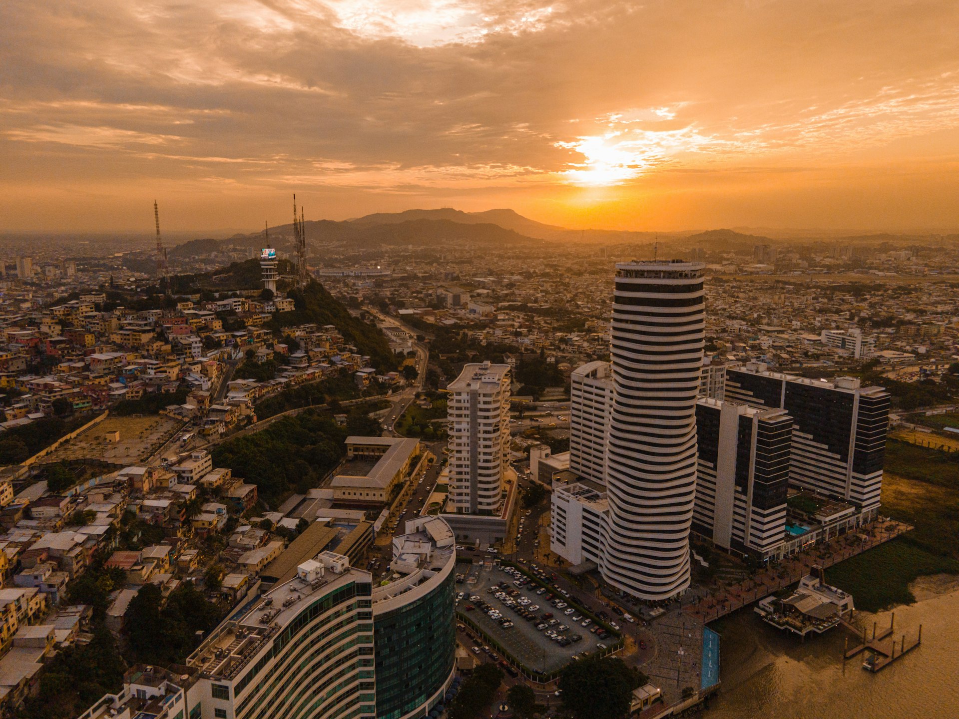 Guayaquil, Ecuador skyline at sunset
